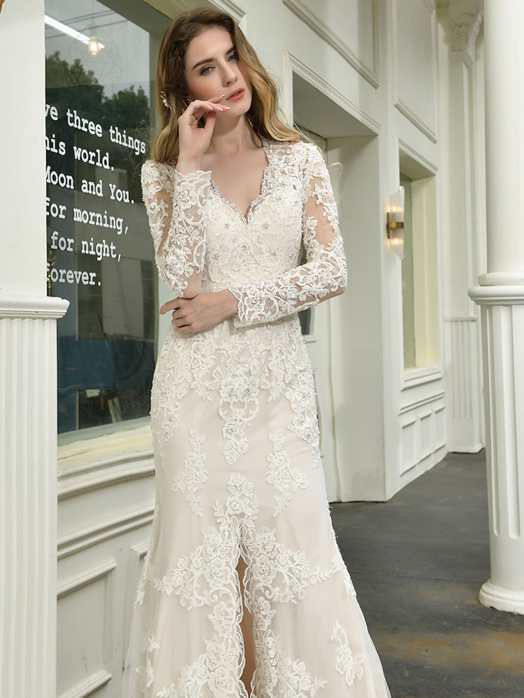 Boho Wedding Dress V Neck Sleeveless Natural Waist Lace Bridal Gowns With Train-newarrivaldress