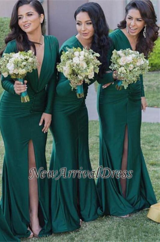 Sexy Front-Split V-Neck Green Mermaid Long-Sleeves Bridesmaid Dresses-newarrivaldress