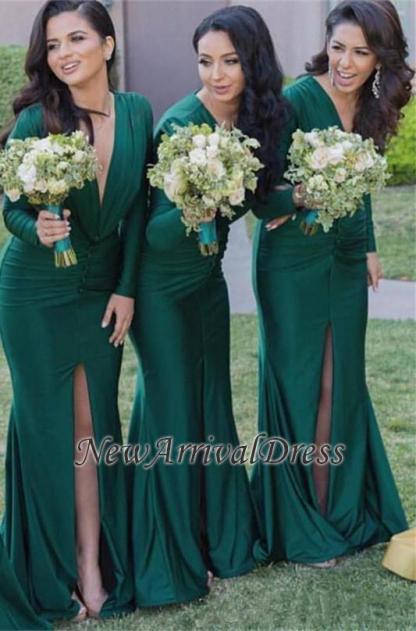 Sexy Front-Split V-Neck Green Mermaid Long-Sleeves Bridesmaid Dresses-newarrivaldress