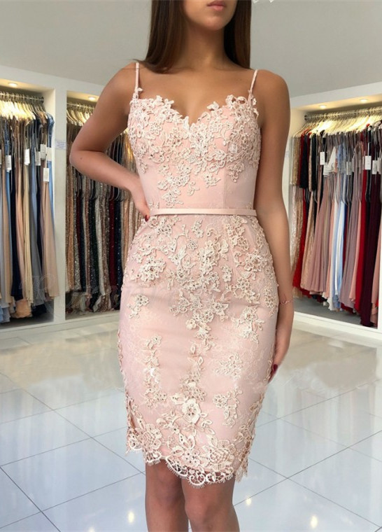 short mermaid style dress Spaghetti-Straps Sweetheart Short Prom Dress |Mermaid Lace Appliques  Homecoming Dress BA9829