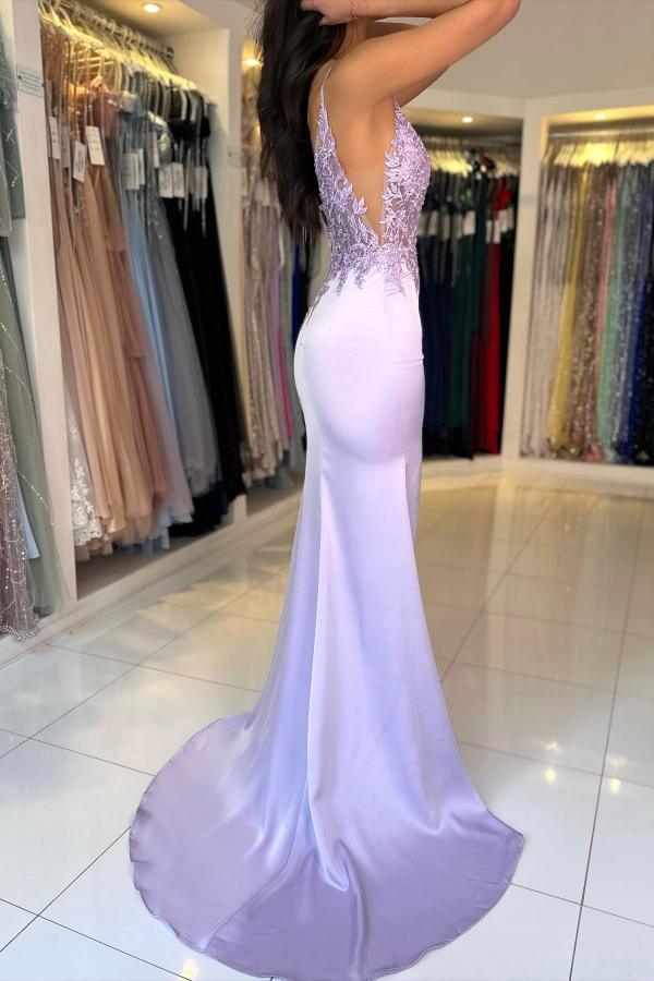 Charming Lilac Spaghetti Straps Satin Mermaid Prom Dress Lace Appliques Side Slit Dress-newarrivaldress