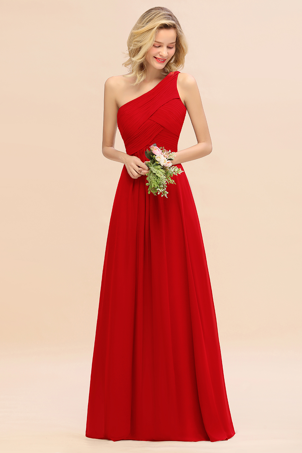 Elegant Ruched Chiffon One Shoulder Bridesmaid Dress Long Sleeveless Evening Dress-newarrivaldress