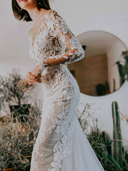 Eric White Wedding Dress Illusion Neckline Long Sleeves Backless Natural Waist Lace With Train Long Bridal Mermaid Dress-newarrivaldress