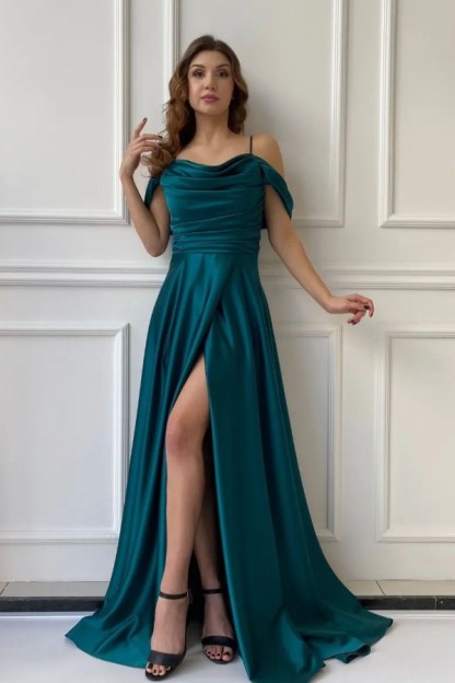 Charming Ruched Satin Long Evening Dress Off Shoulder with Straps Side Slit Special Ocaasion Dress-newarrivaldress