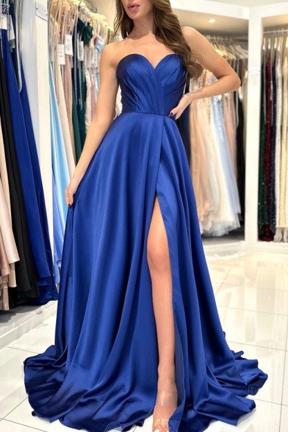 Stunning Sweetheart Satin Long Party Dress Strapless Side Slit Prom Dress-newarrivaldress