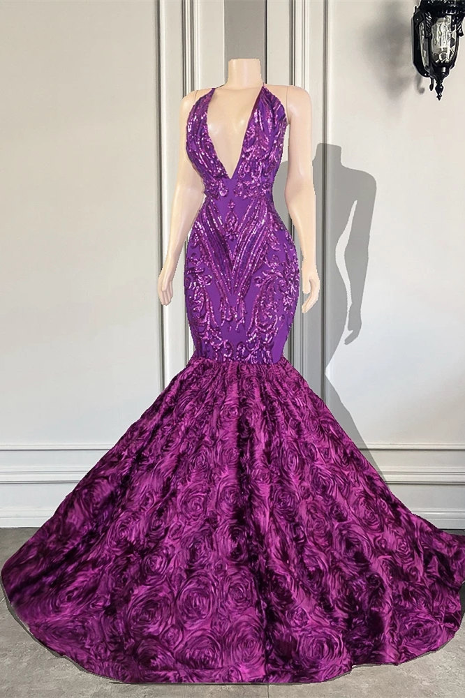 Charming V-Neck Purple Floral Lace Puffy Mermaid Prom Dress-newarrivaldress