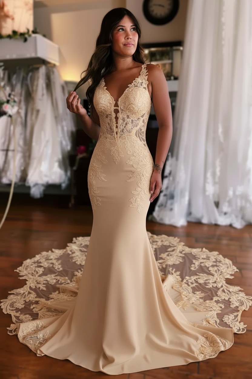 Gorgeous Sleeveless Mermaid Wedding Dress V-Neck Floral Lace Bridal Gown