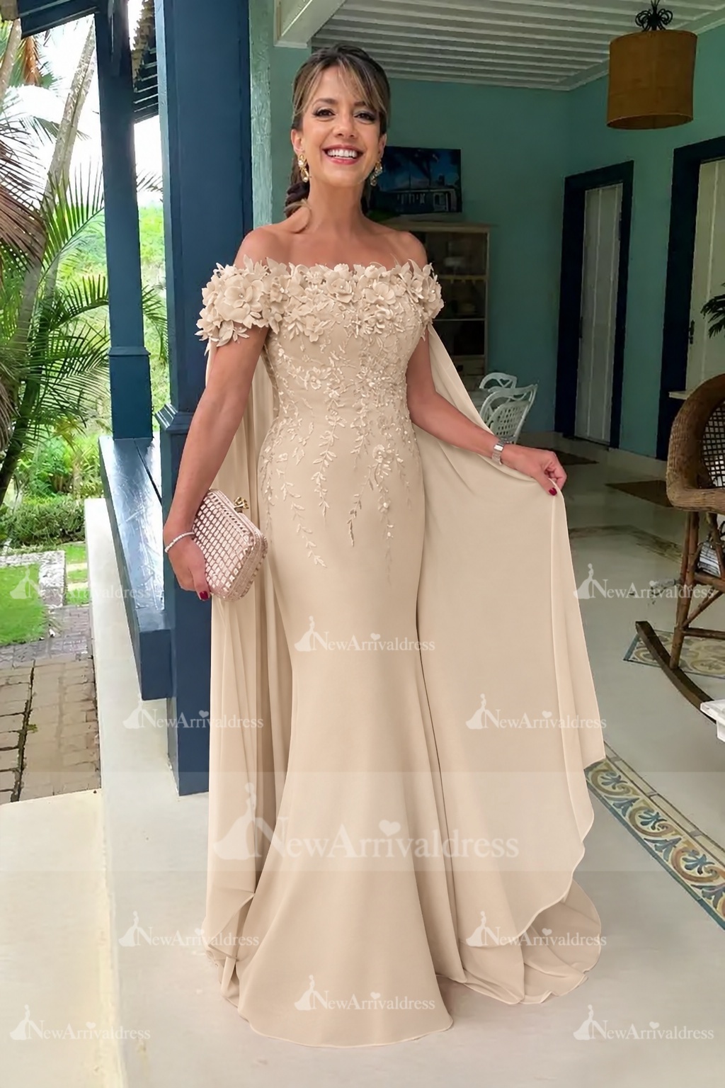 Off-the-Shoulder Pink Chiffon Flowers Long Mother of the Bride Dress with Cape