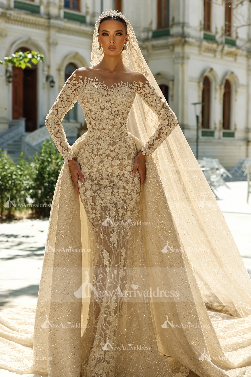 Gorgeous Floral Lace Mermaid Wedding Gown Long Sleeves Sweetheart Bridal Dress with Train