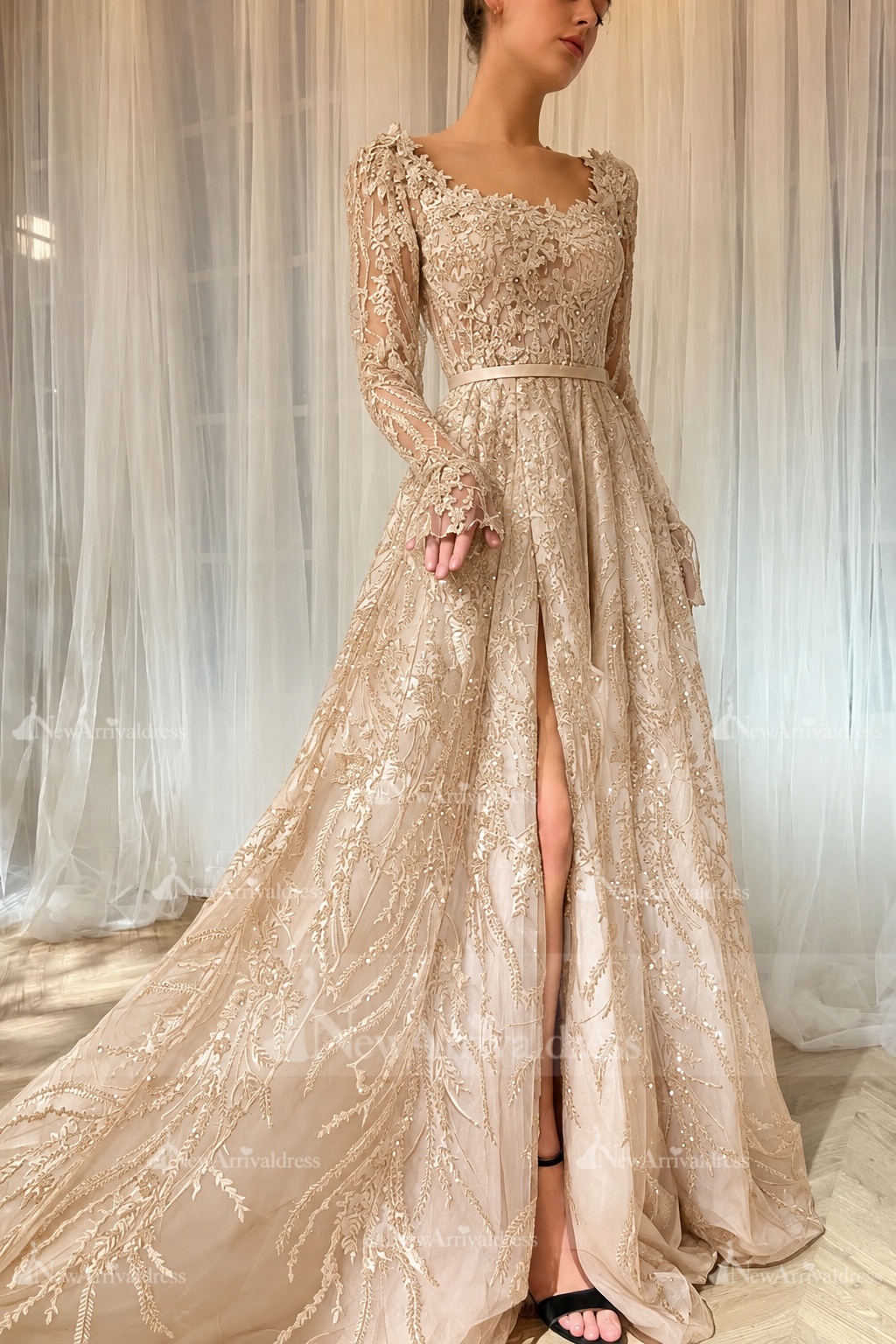 Elegant Black Sequins Aline Evening Dress with Sleeves