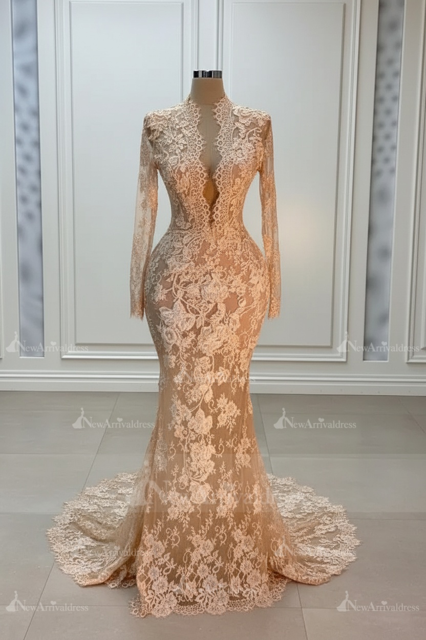 Chic Long Sleeves Lace Mermaid Bridal Gown Deep V-neck Wedding Dresses