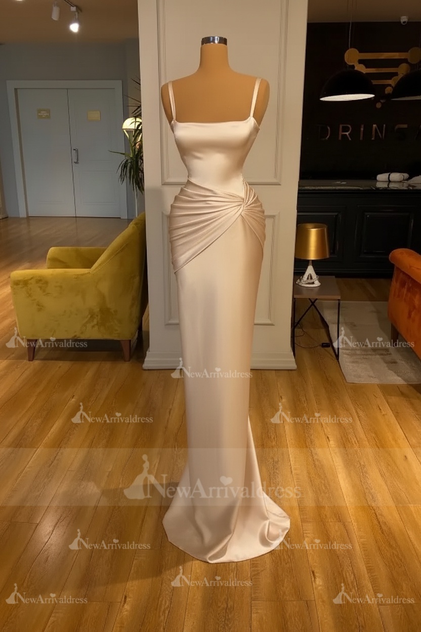 Chic Sky Blue Square Neck Slim Evening Party Wear Dress Sleeveless Satin Prom Dress