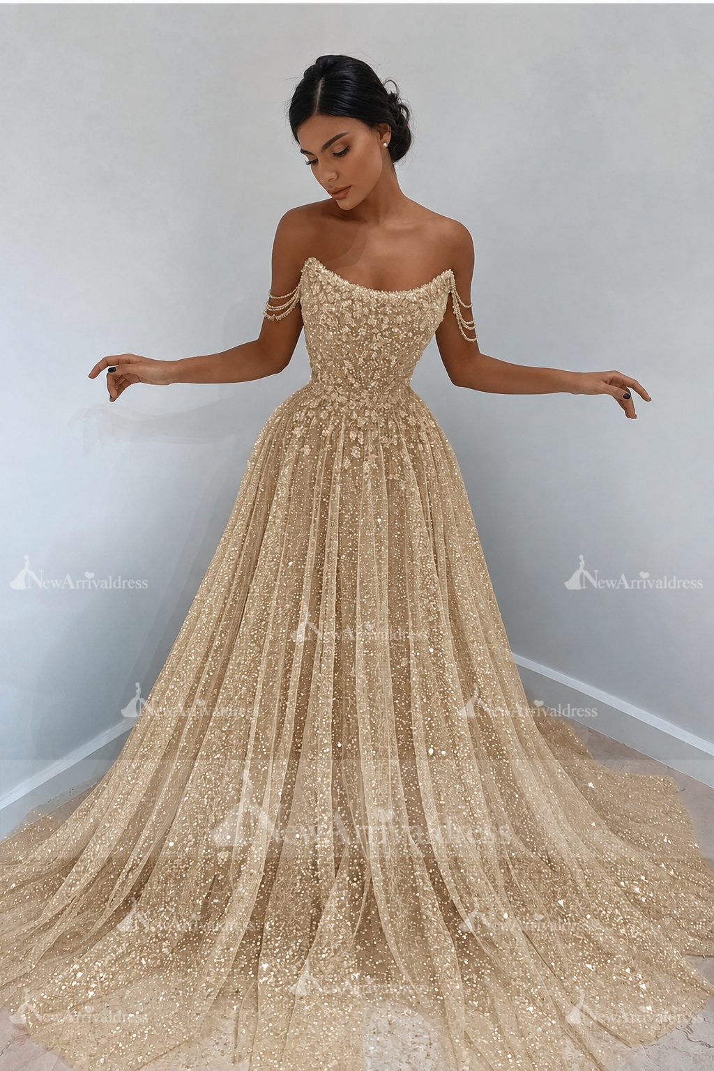 Beautiful Long A-line Sweetheart Sequined Prom Dress Off Shoulder Sky Blue Long Evening Dress