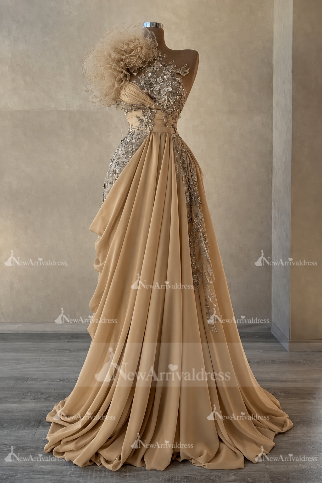 Stunning One Shoulder Flowers Ruched Satin Evening Dress Appliques Aline Party Dress