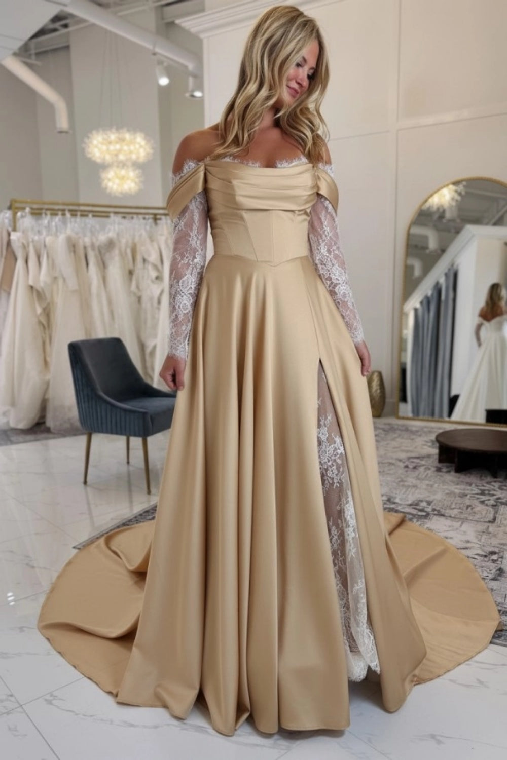 Champagne Off-the-Shoulder Satin Wedding Dress Aline Long Sleeves Lace Bridal Dress with Split