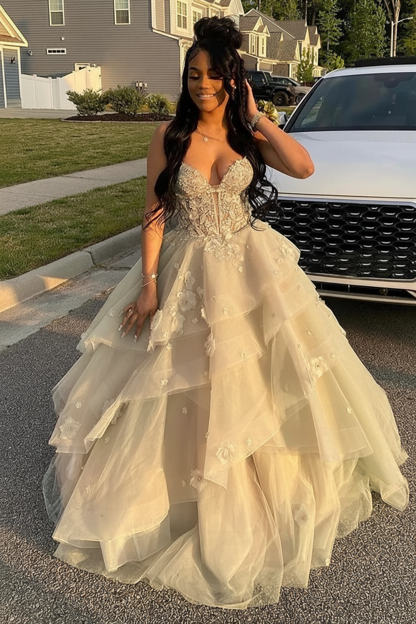 Champagne Spaghetti Straps Tulle Aline Prom Dress Floral Tiered Ruffles Corset Formal Dress