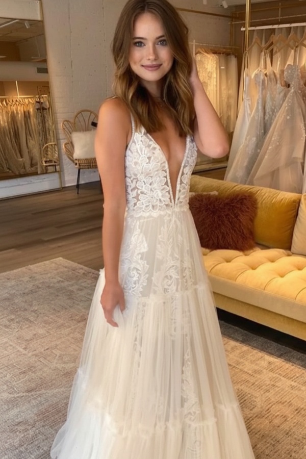 A-line Spaghetti Straps Appliques Wedding Dresses | Backless Sleeveless Sexy Bridal Gowns