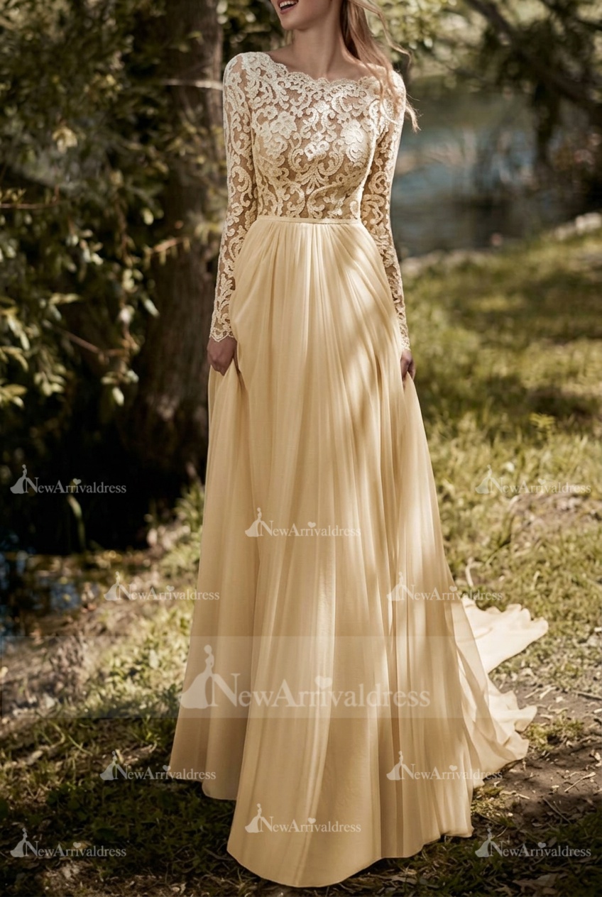 Boho Wedding Dresses Jewel Neck Long Sleeve A Line Floor Length Chffion Bridal Dress For Beach Wedding