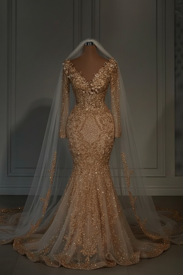 Gorgeous Long Sleeves Mermaid Wedding Gowns Glitter Sequins Garden Bridal Dresses