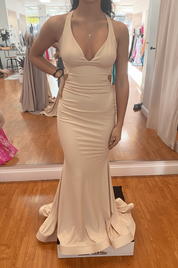 Modest Mermaid Halter V-neck Satin Open Back Prom Dress