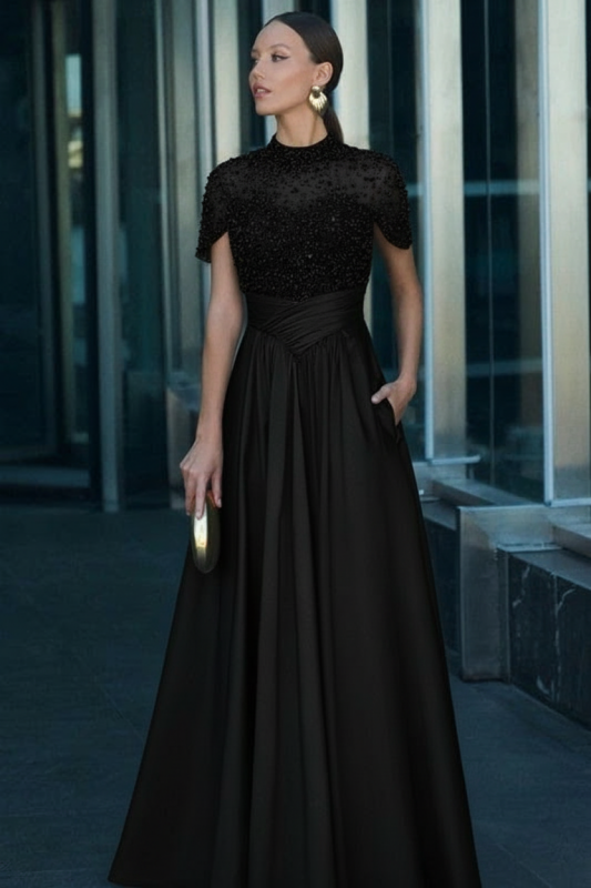 Dark Green Short Sleeves  Satin A-line Evening Dress with Beadings