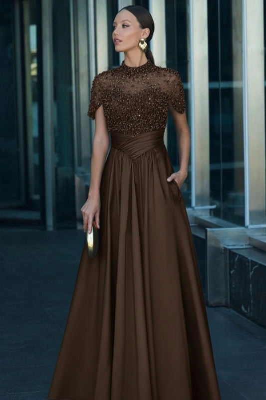 Dark Green Short Sleeves  Satin A-line Evening Dress with Beadings