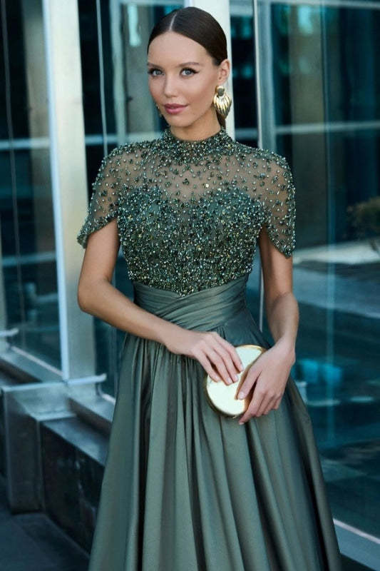 Charming Dark Green Satin Aline Evening Dress Short Sleeves with Beadings