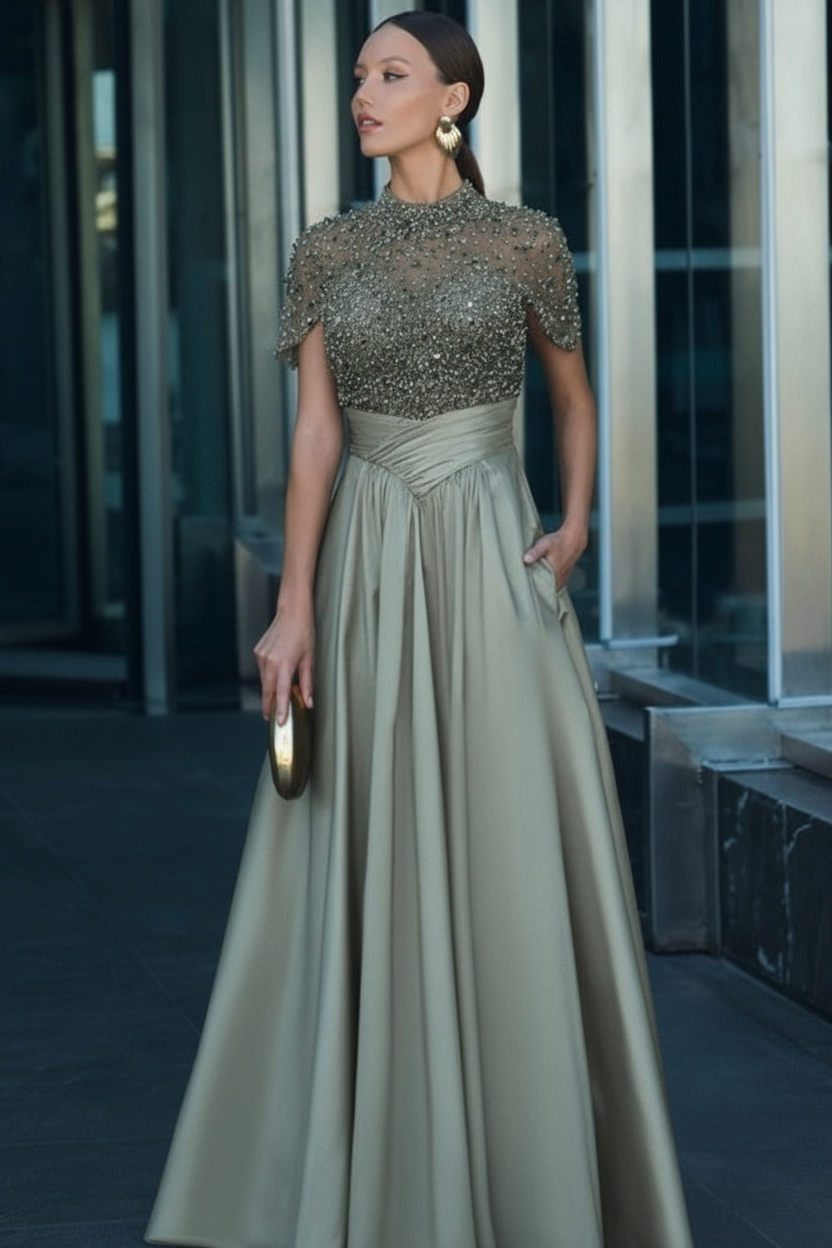 Dark Green Short Sleeves  Satin A-line Evening Dress with Beadings