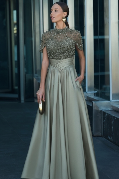 Dark Green Short Sleeves  Satin A-line Evening Dress with Beadings