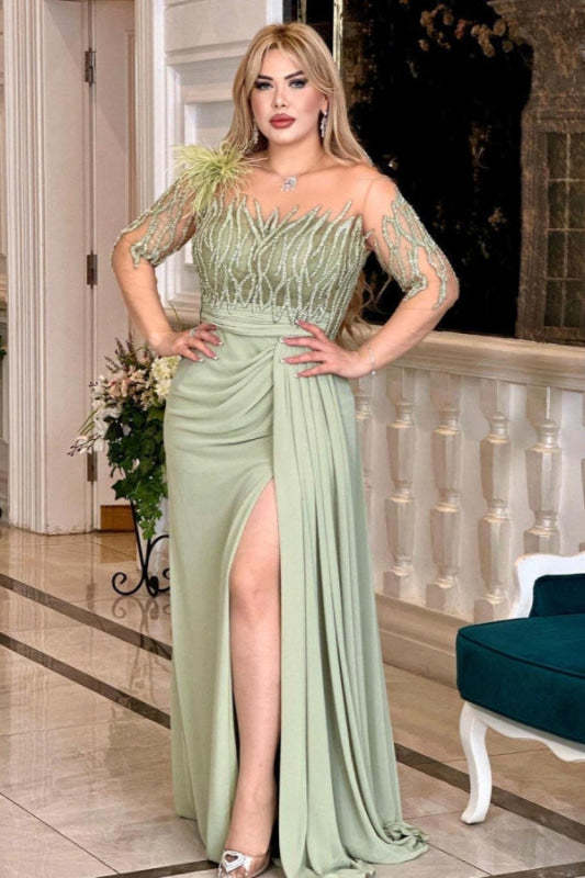 Charming Long Sleeves Sage Ruffle Satin Evening Dress Side Split with Beadings