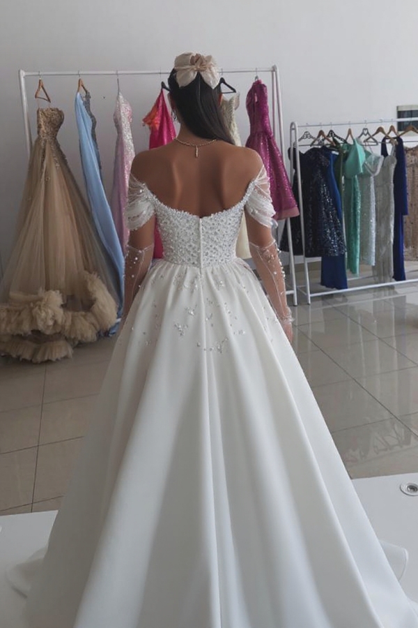 Charming Off Shoulder White Pearls Aline Evening Gowns Satin Floor Length Dress with Front Split-newarrivaldress