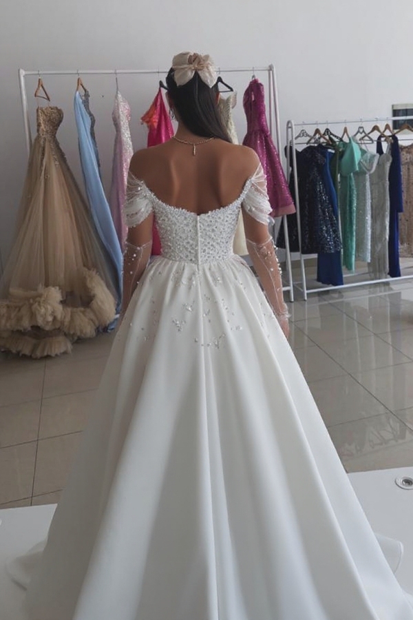 Charming Off Shoulder White Pearls Aline Evening Gowns Satin Floor Length Dress with Front Split-newarrivaldress