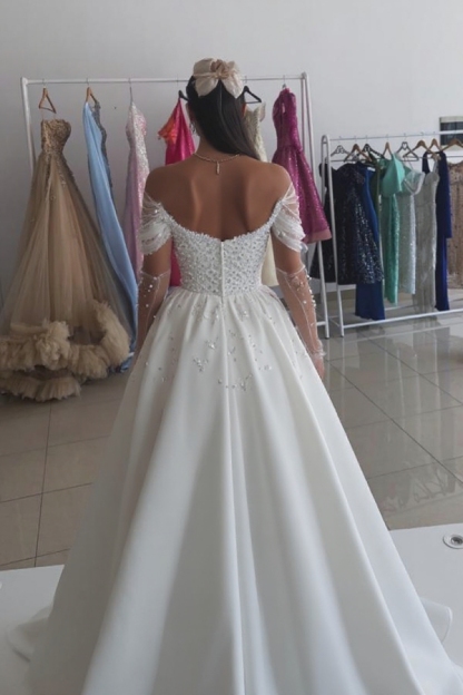 Charming Off Shoulder White Pearls Aline Evening Gowns Satin Floor Length Dress with Front Split-newarrivaldress