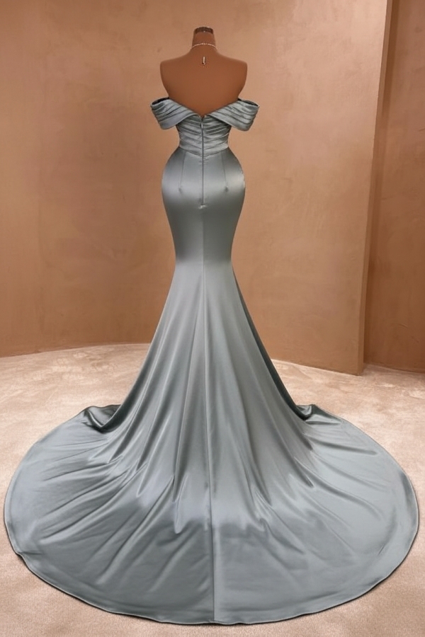 Charming Off-the-Shoulder Ruched Satin Long Prom Dress Glitter Sequins Sheath Evening Gown