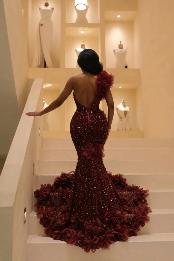 Charming One Shoulder Sequins Mermaid Prom Dress Beadings Evening Gown with Appliques