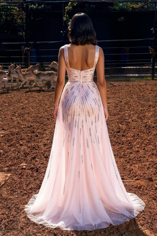 Charming Pink Sparkly Crystals A-line Party Dress with Side Split V-Neck Evening Maxi Dress