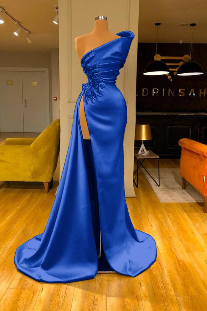 Charming Sky Blue Satin Mermaid Prom Dress with Glitter Beadings