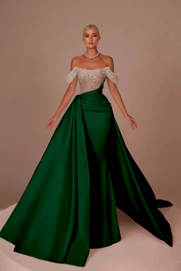 Chic Off-the-Shoulder Glitter Sheath Wedding Dresses Ruched Satin Mermaid Bridal Gown