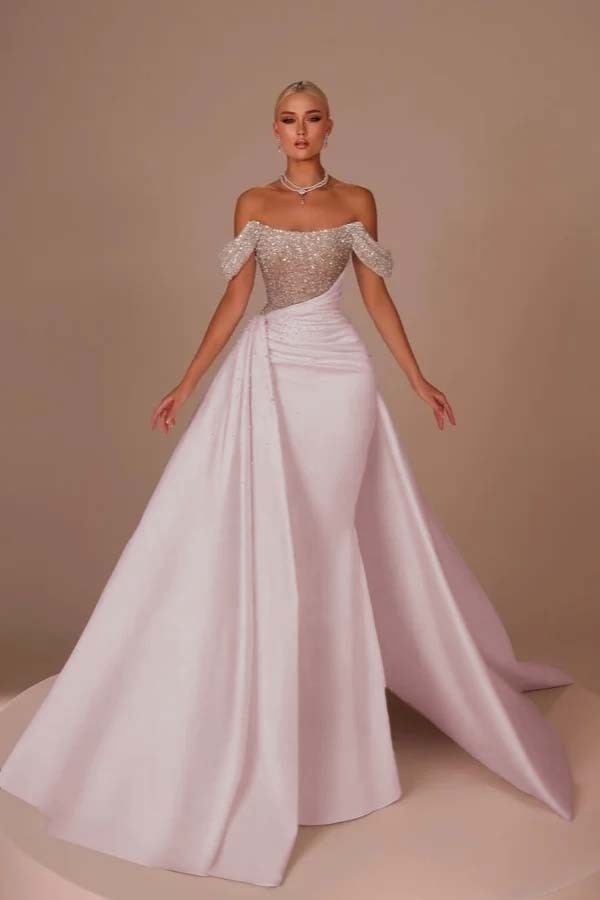 Chic Off-the-Shoulder Glitter Sheath Wedding Dresses Ruched Satin Mermaid Bridal Gown