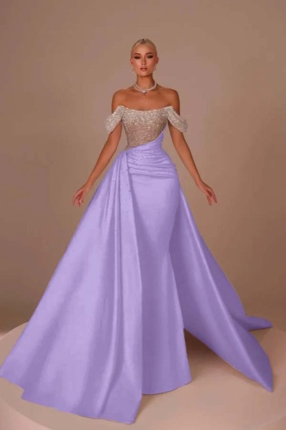 Chic Off-the-Shoulder Glitter Sheath Wedding Dresses Ruched Satin Mermaid Bridal Gown