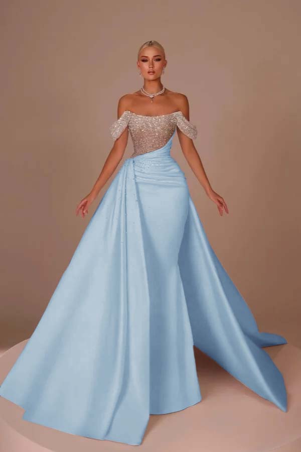 Chic Off-the-Shoulder Glitter Sheath Wedding Dresses Ruched Satin Mermaid Bridal Gown