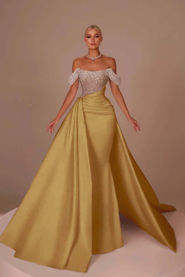 Chic Off-the-Shoulder Glitter Sheath Wedding Dresses Ruched Satin Mermaid Bridal Gown