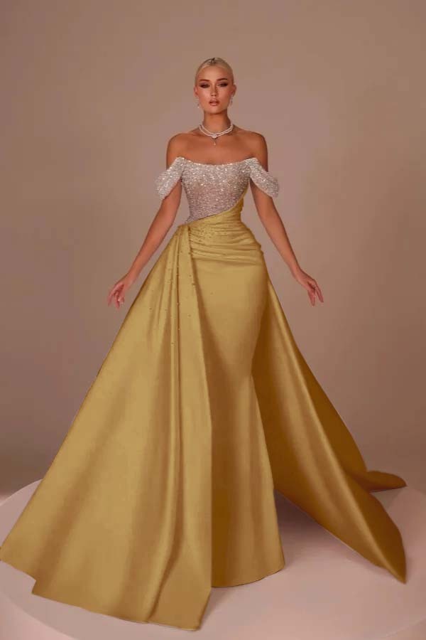Chic Off-the-Shoulder Glitter Sheath Wedding Dresses Ruched Satin Mermaid Bridal Gown