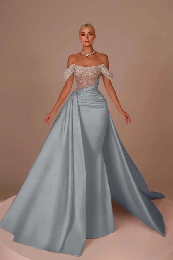 Chic Off-the-Shoulder Glitter Sheath Wedding Dresses Ruched Satin Mermaid Bridal Gown