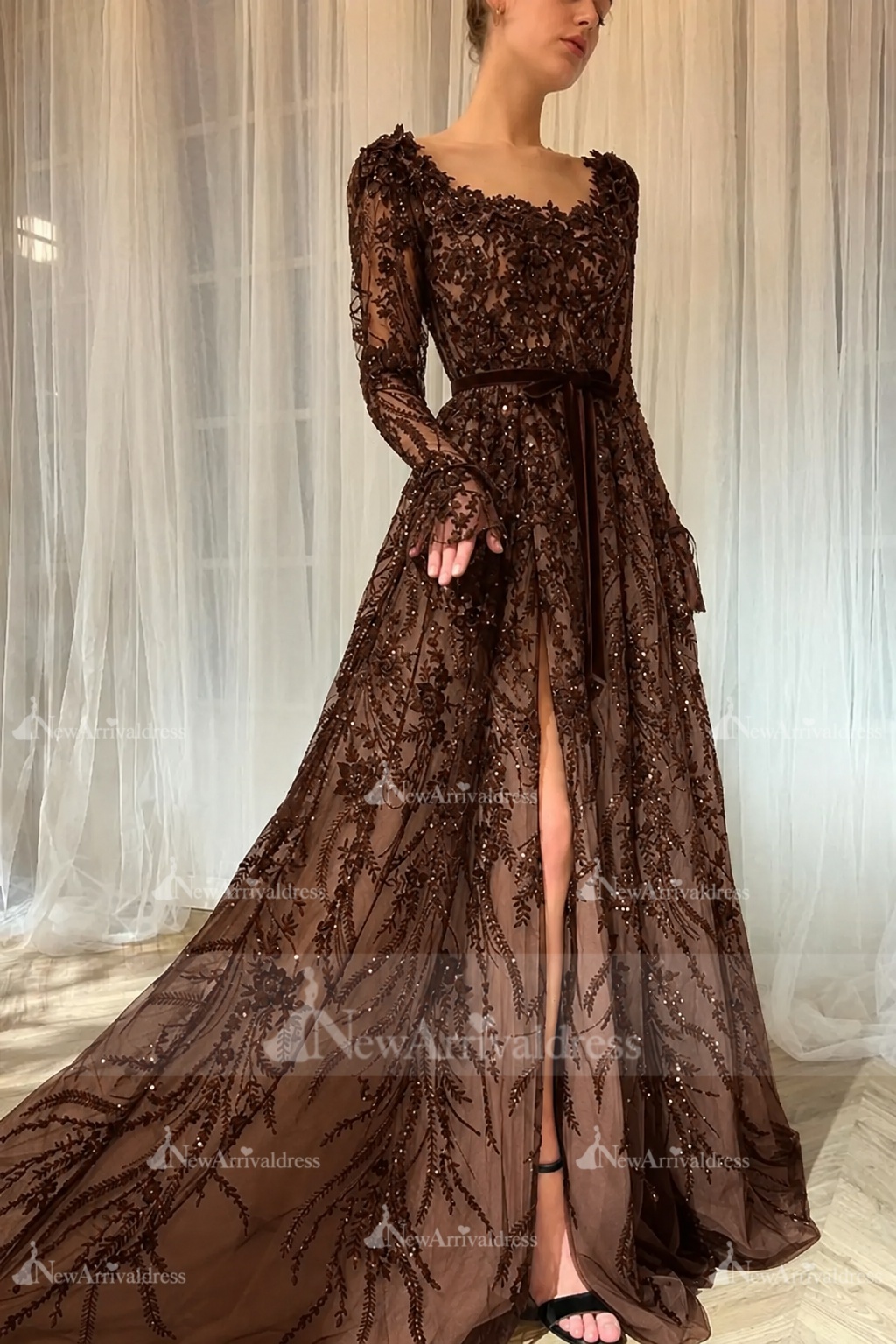 Elegant Black Sequins Aline Evening Dress with Sleeves