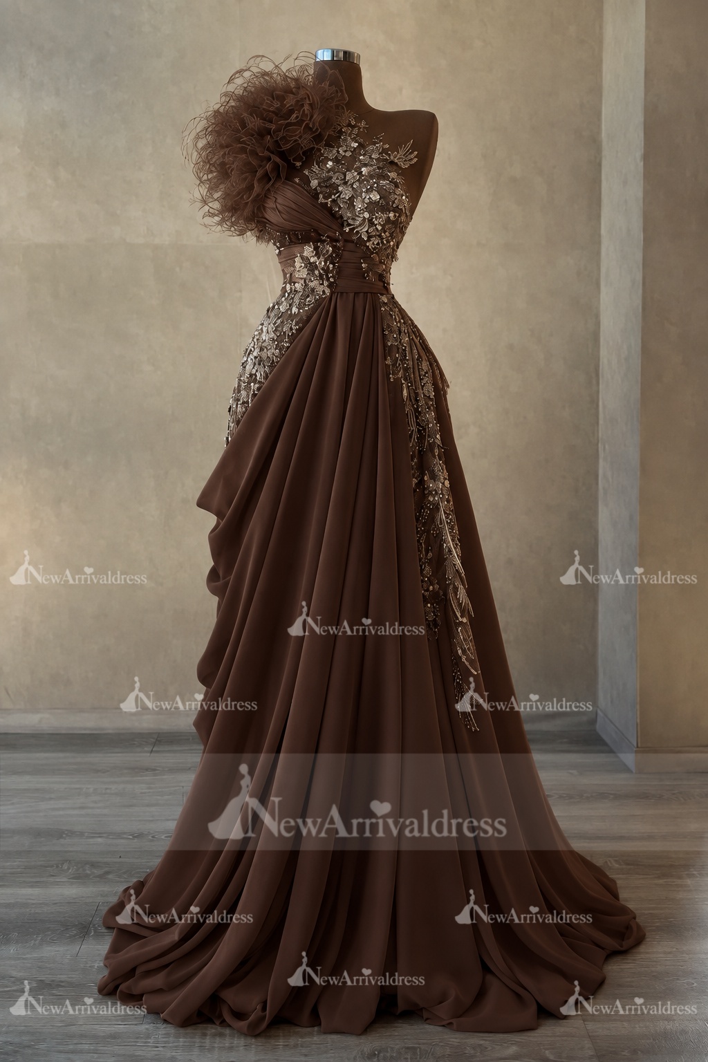 Stunning One Shoulder Flowers Ruched Satin Evening Dress Appliques Aline Party Dress