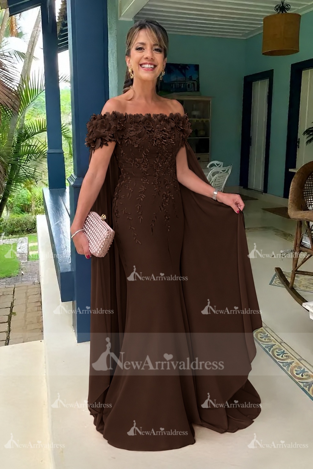 Off-the-Shoulder Pink Chiffon Flowers Long Mother of the Bride Dress with Cape