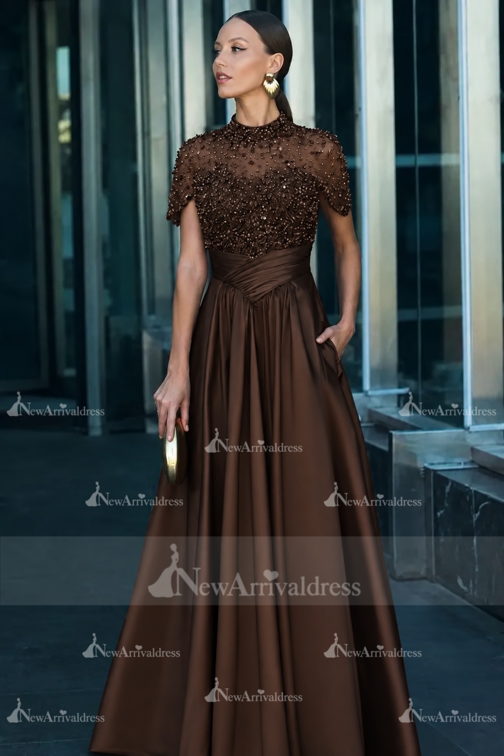 Dark Green Short Sleeves  Satin A-line Evening Dress with Beadings
