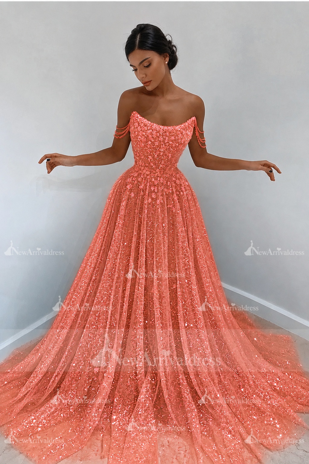 Beautiful Long A-line Sweetheart Sequined Prom Dress Off Shoulder Sky Blue Long Evening Dress