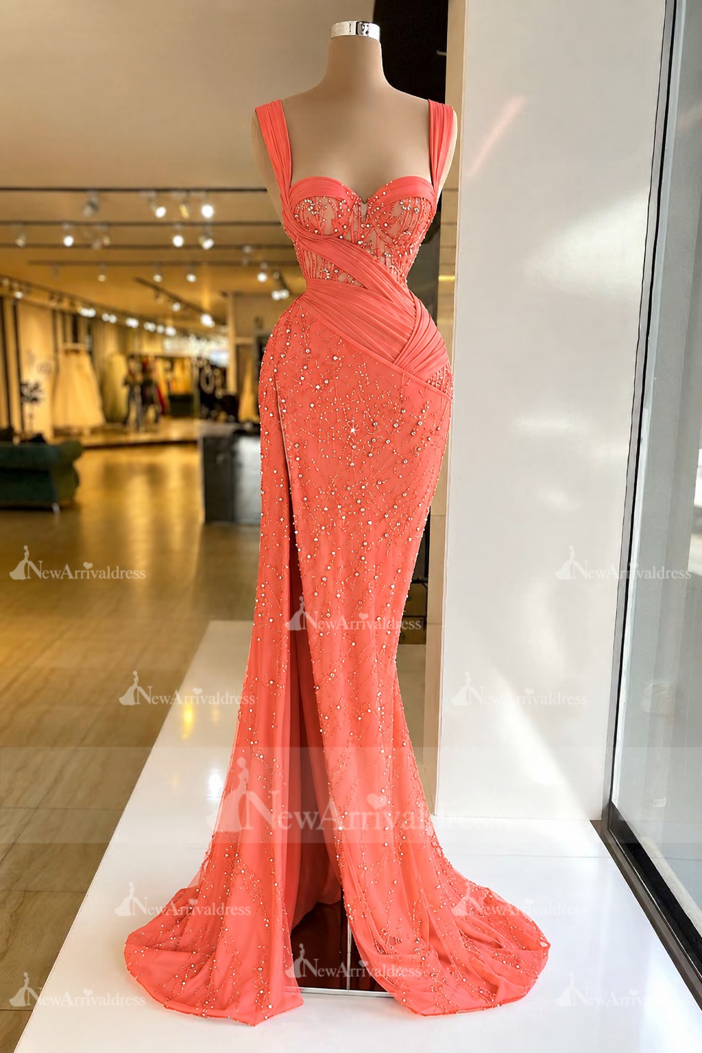 Charming Red Sweetheart Mermaid Prom Dress Beadings Strap Party Dress